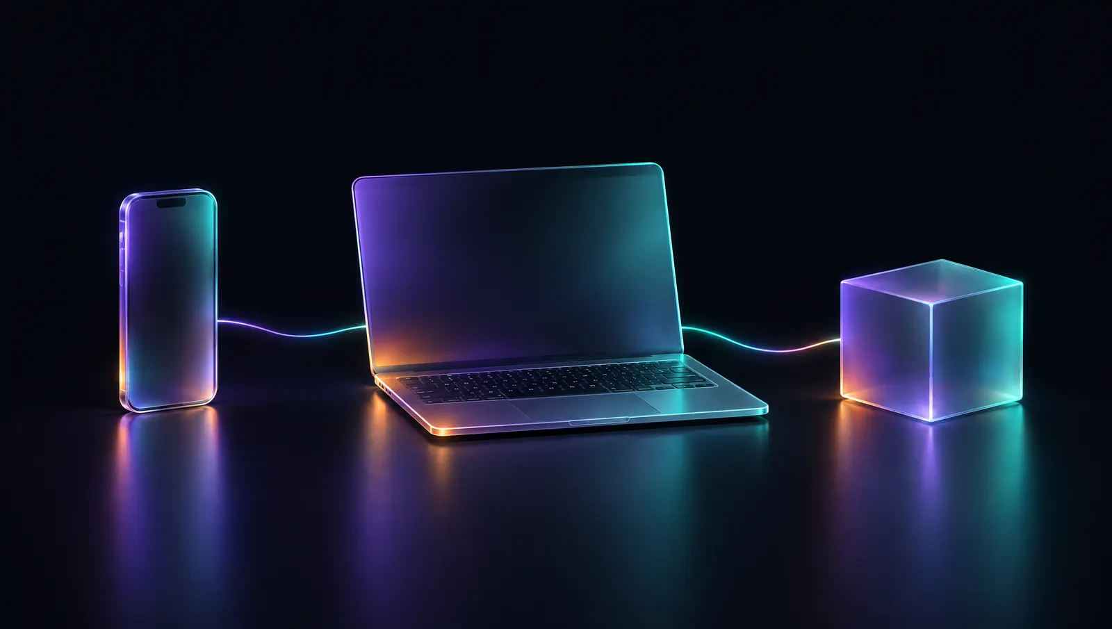Telefon, laptop i sześcian połączone cienkimi liniami, symbol różnych rodzajów aplikacji