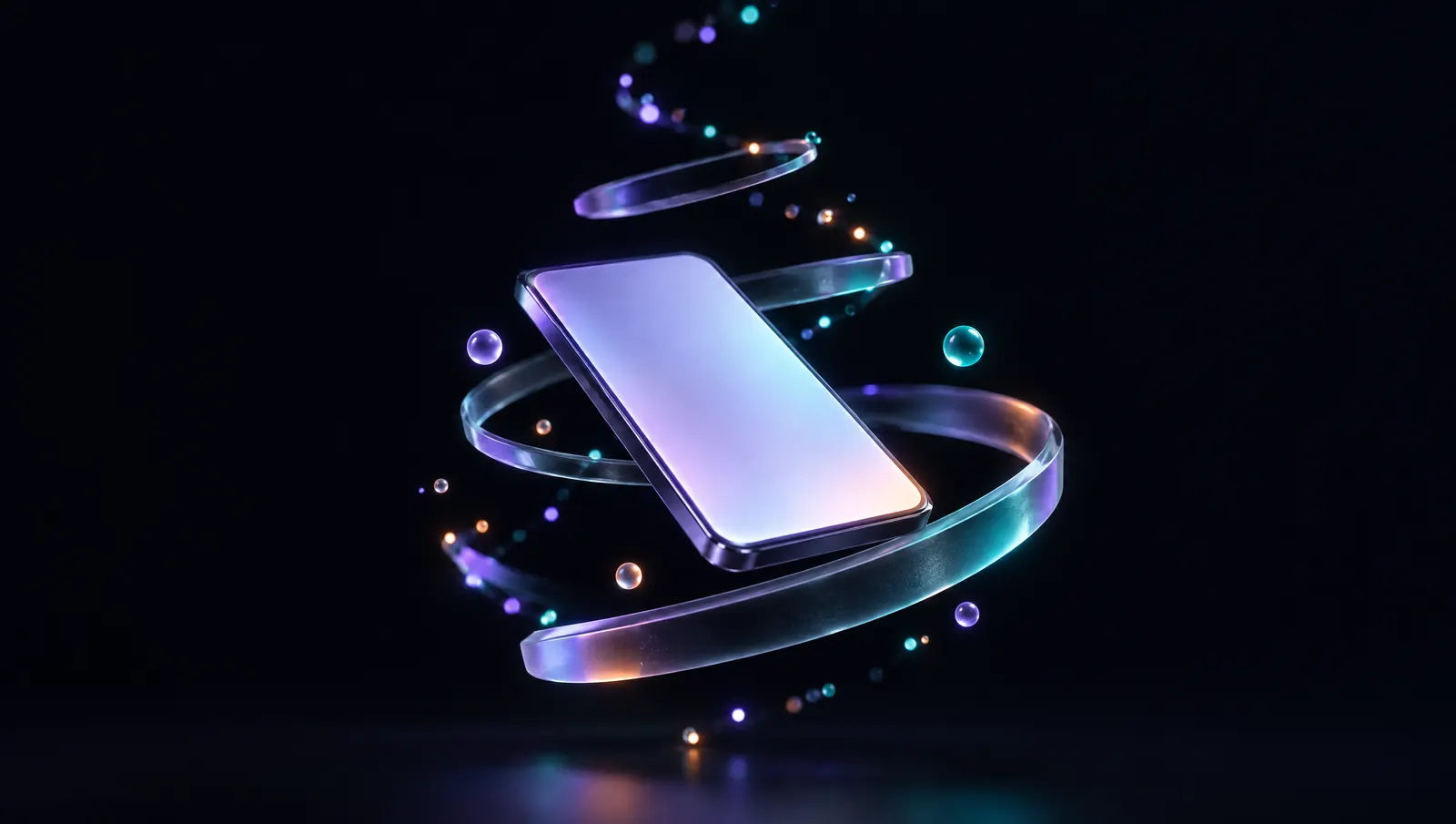 Szklany smartfon z pustym ekranem otoczony świecącymi kółkami układającymi się w spiralę, symbol rosnącej liczby obserwujących