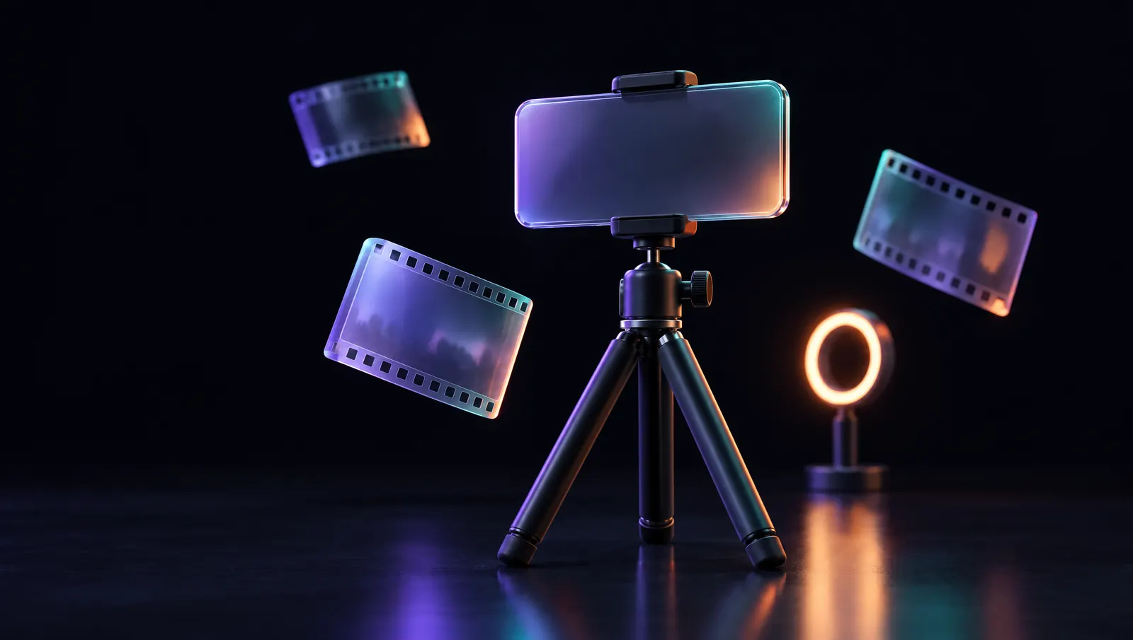 Statyw ze szklanym smartfonem, wokół unoszące się przezroczyste klatki filmu i miękka lampa pierścieniowa